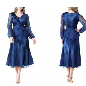 KOMAROV Chiffon Peplum Navy Dress Long Sleeve Charmeuse Sz XL NWT Occasion Dress